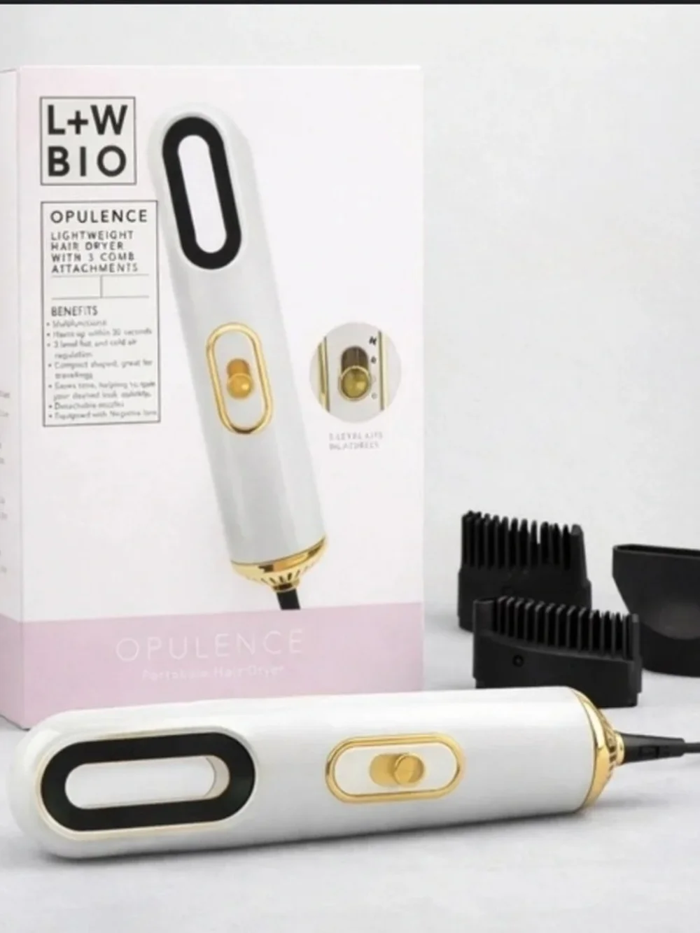 L + W BIO Opulence Lightweight Hair Dryer with 3 Comb Attachments